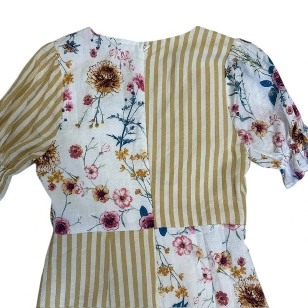 Entro Colorblock Floral Stripe‎ Mini Dress Button Front V Neck Short Sleeve Sz M
